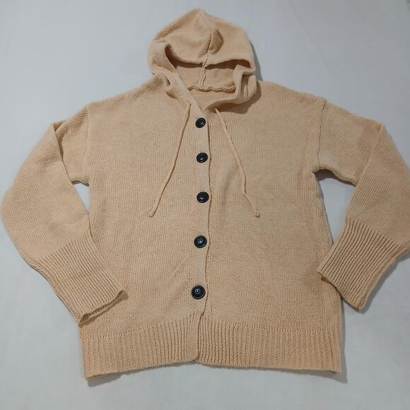 Knit Hooded Cardigan Sweater Womens Small Beige Button Front Drawstring Hoodie - Picture 1 of 7